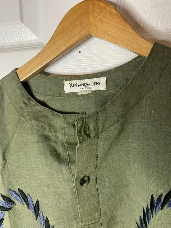 Yves Saint Laurent Olive Green Short-Sleeve Embroidered Shirt with Navy Detail - Picture 3 of 7